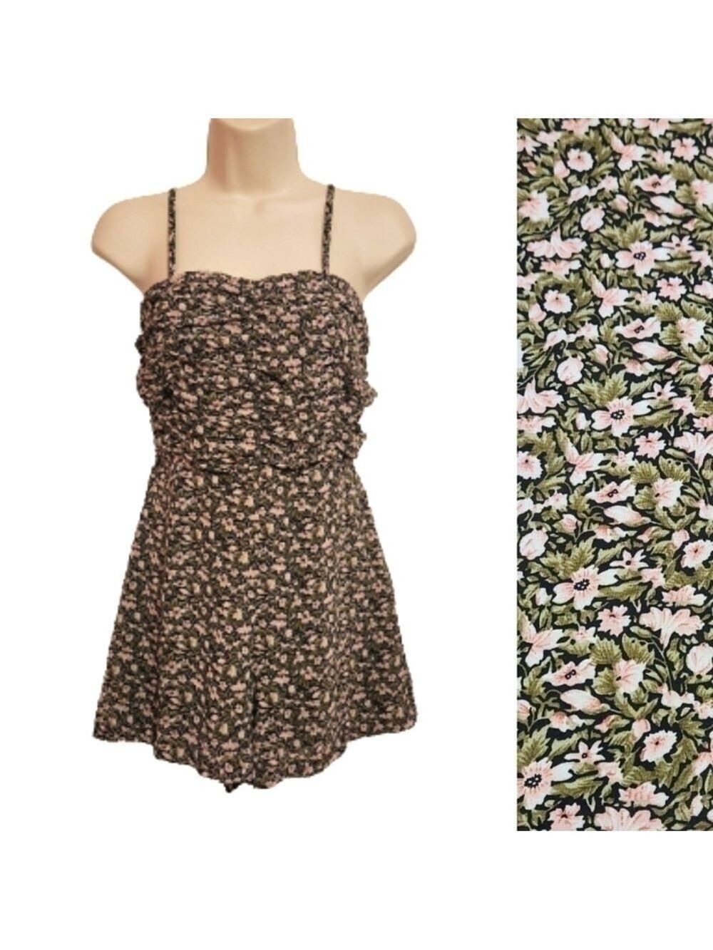 Missguided Floral Romper Olive Pink Spaghetti Strap Size 0